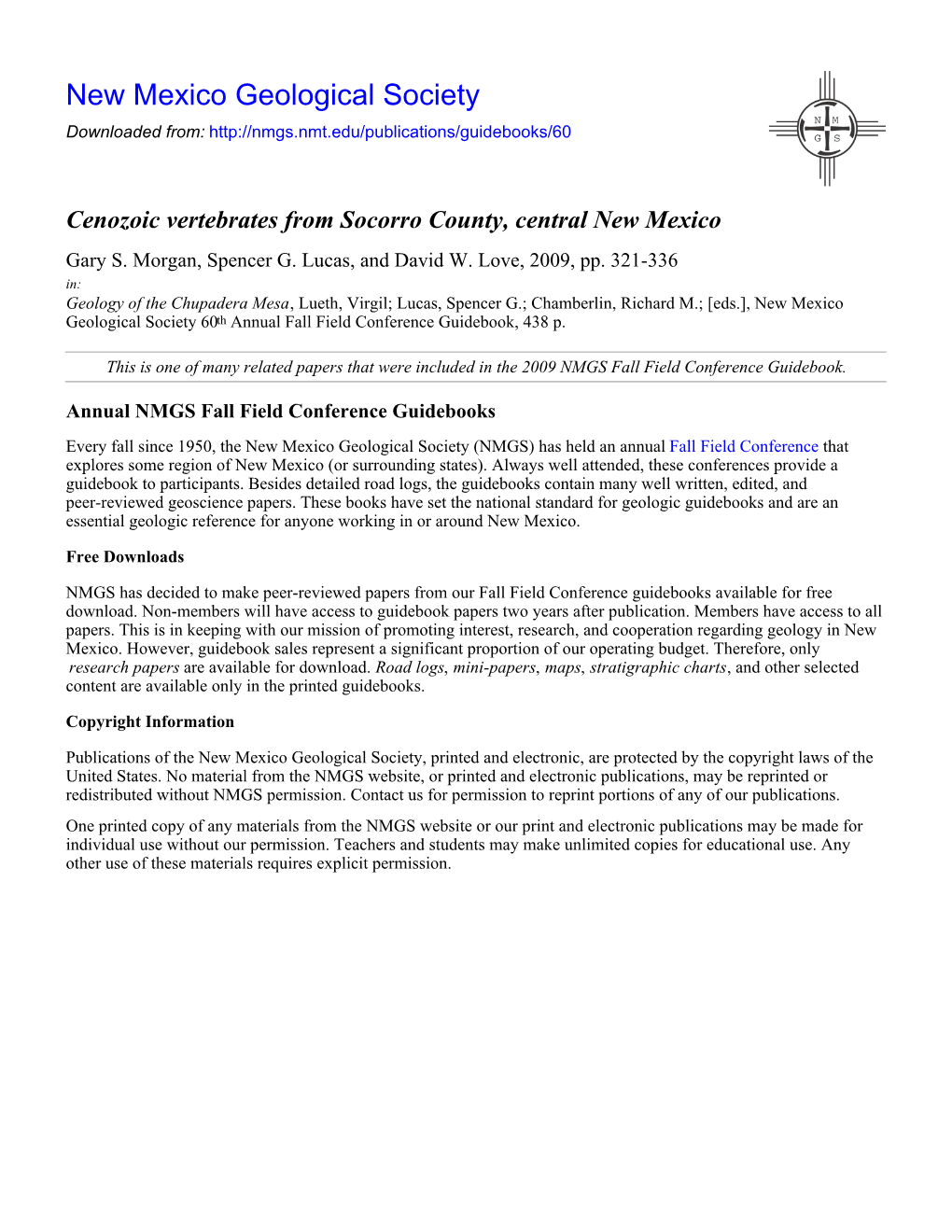 Cenozoic Vertebrates from Socorro County, Central New Mexico Gary S