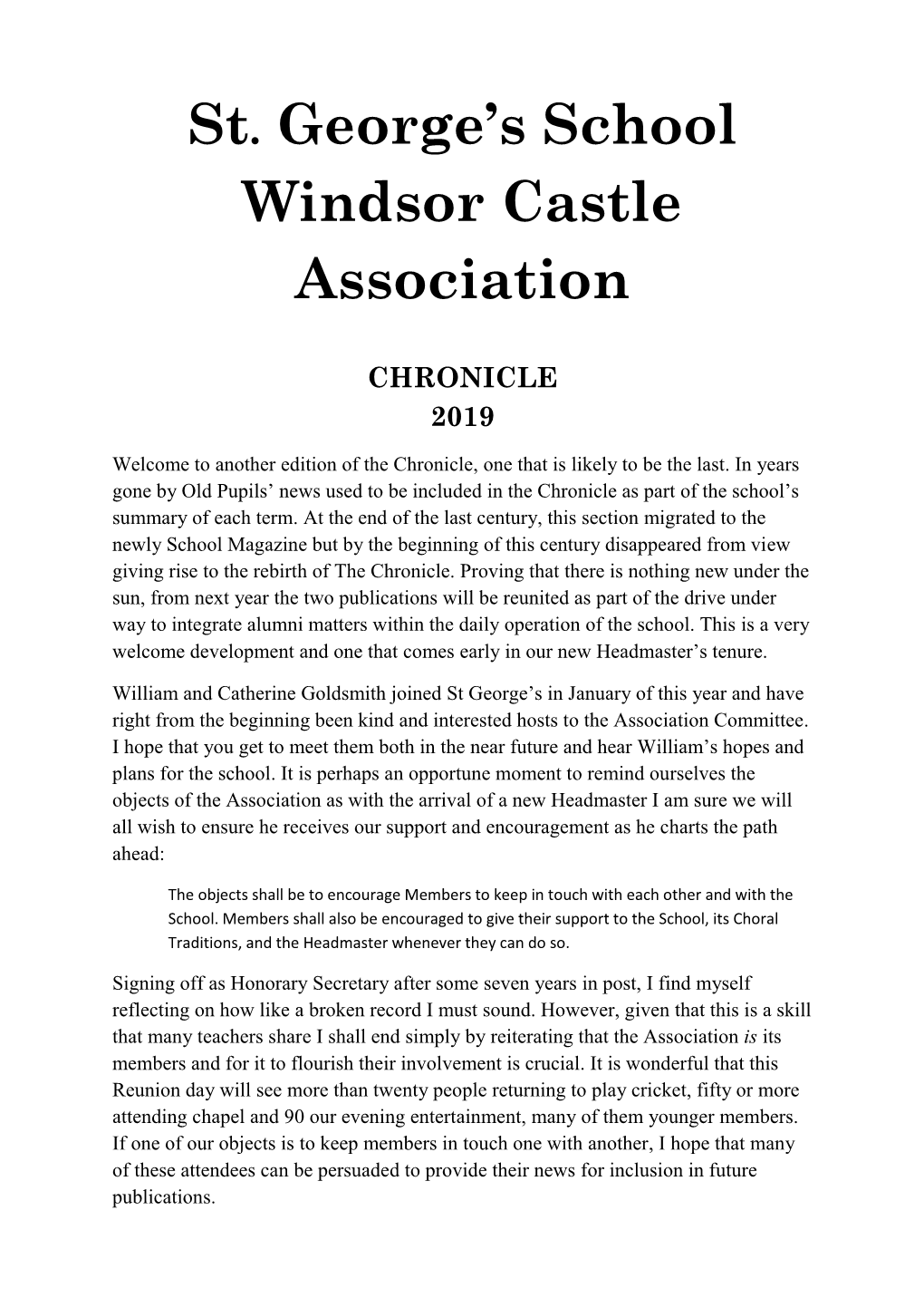 St. George's School Windsor Castle Association CHRONICLE 2019