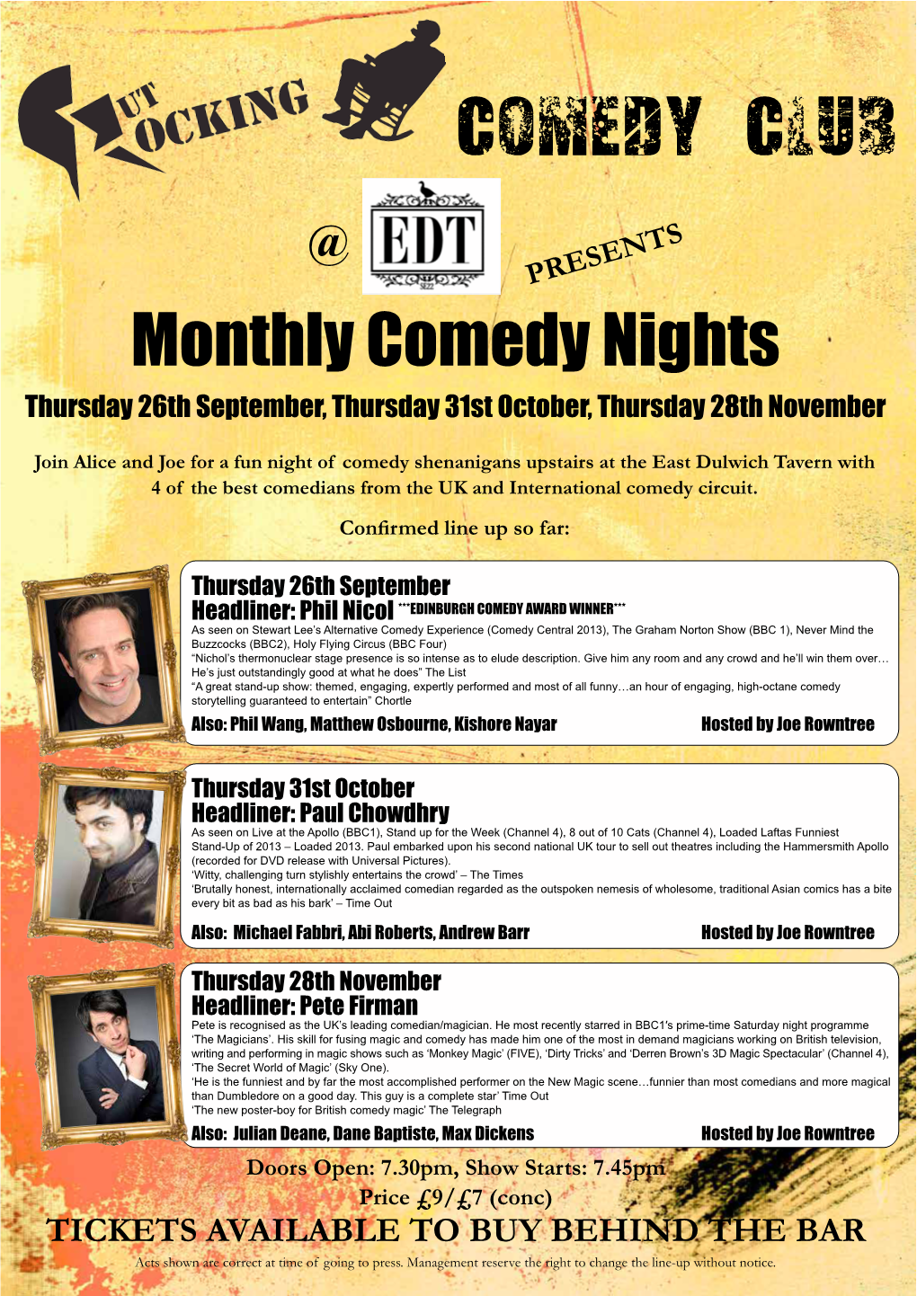Monthly Comedy Nights Thursday 26Th September, Thursday 31St October, Thursday 28Th November
