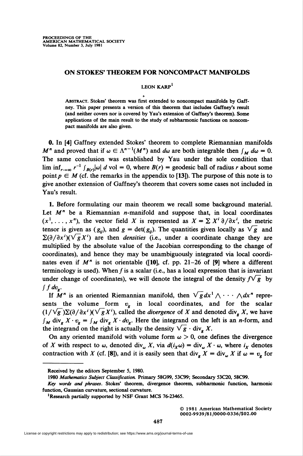 On Stokes' Theorem for Noncompact Manifolds