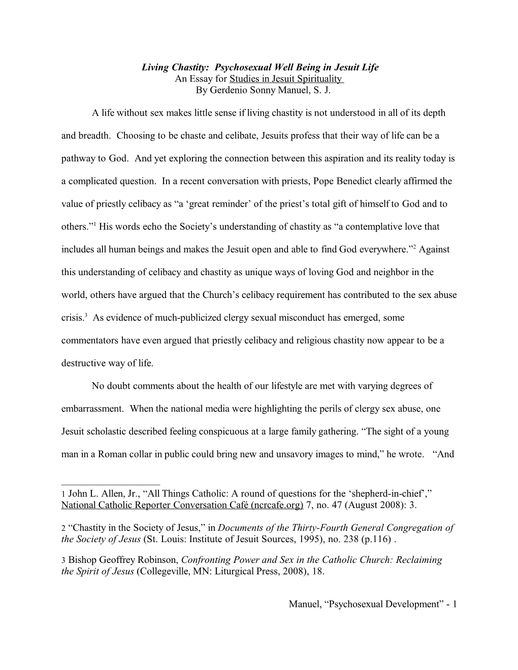 Living Chastity: Psychosexual Well Being in Jesuit Life an Essay for Studies in Jesuit Spirituality by Gerdenio Sonny Manuel, S