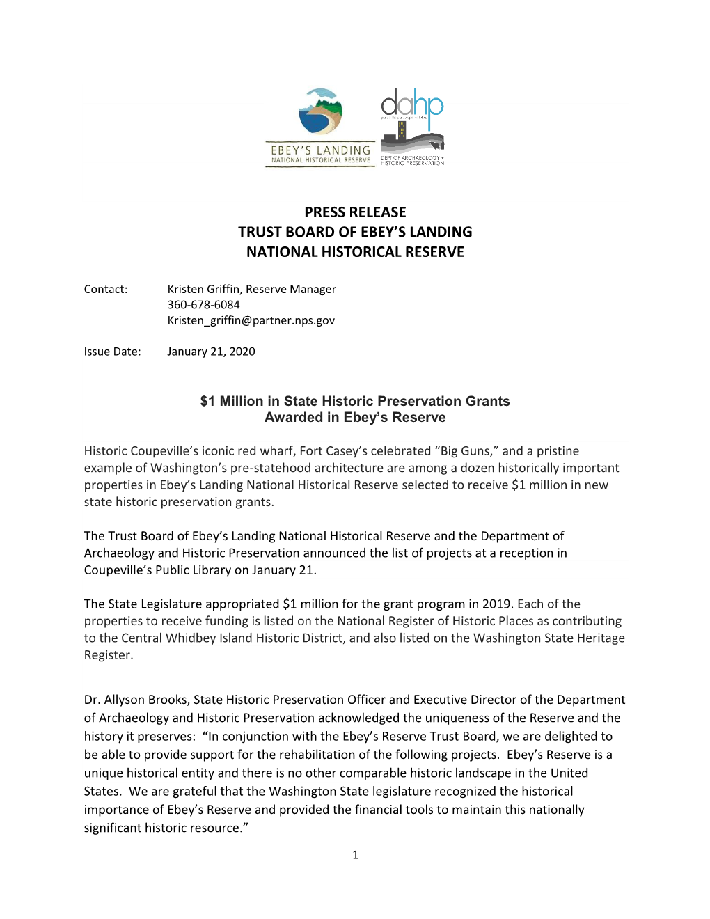 Press Release Trust Board of Ebey's Landing National