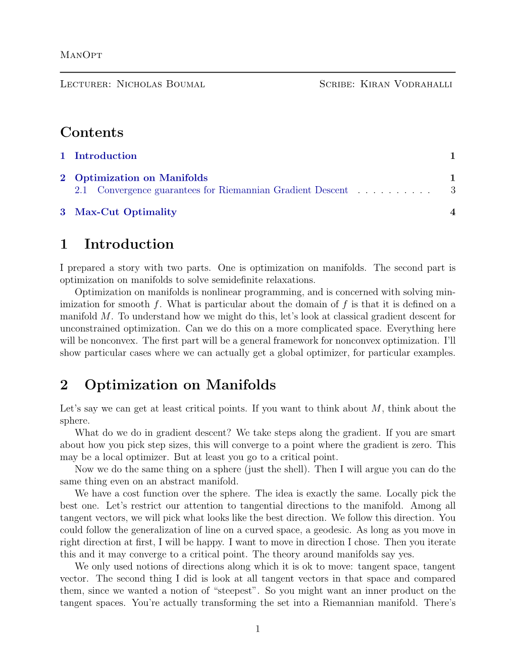 Contents 1 Introduction 2 Optimization on Manifolds