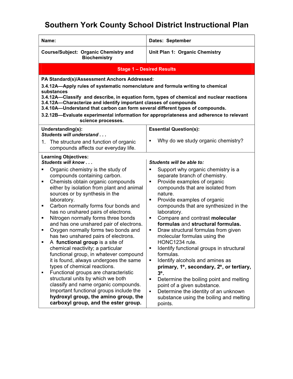 Southern York County School District Instructional Plan