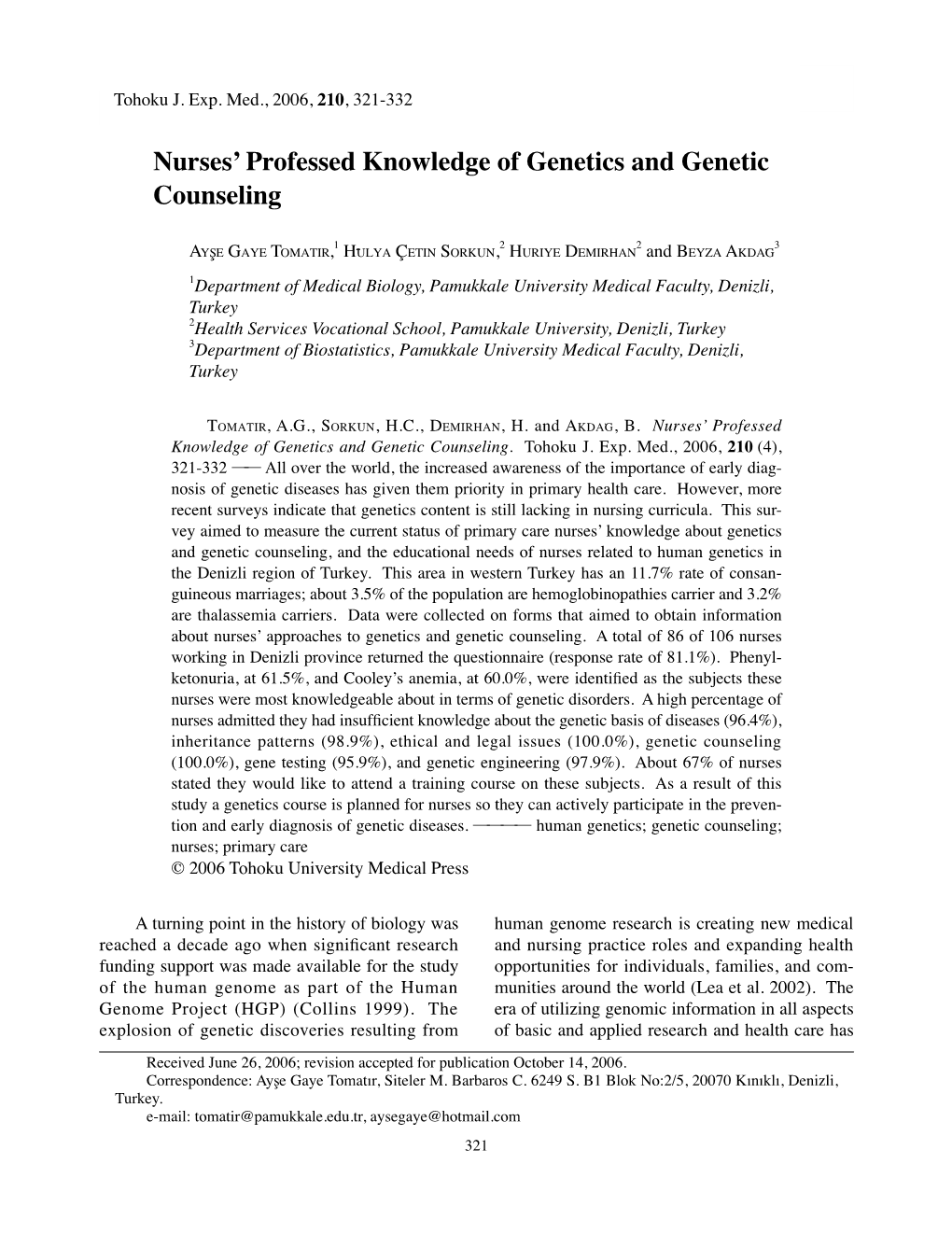 Nurses' Professed Knowledge of Genetics and Genetic Counseling