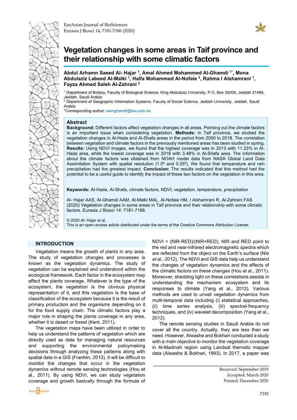 Vegetation Changes in Some Areas in Taif Province and Their Relationship with Some Climatic Factors