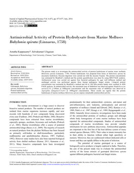 Antimicrobial Activity of Protein Hydrolysate from Marine Molluscs Babylonia Spirata (Linnaeus, 1758)