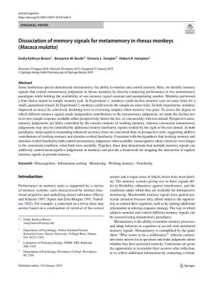 Dissociation of Memory Signals for Metamemory in Rhesus Monkeys (Macaca Mulatta)