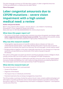 Leber Congenital Amaurosis Due to CEP290 Mutations – Severe Vision Impairment with a High Unmet Medical Need: a Review Author and Journal Details: Bart P
