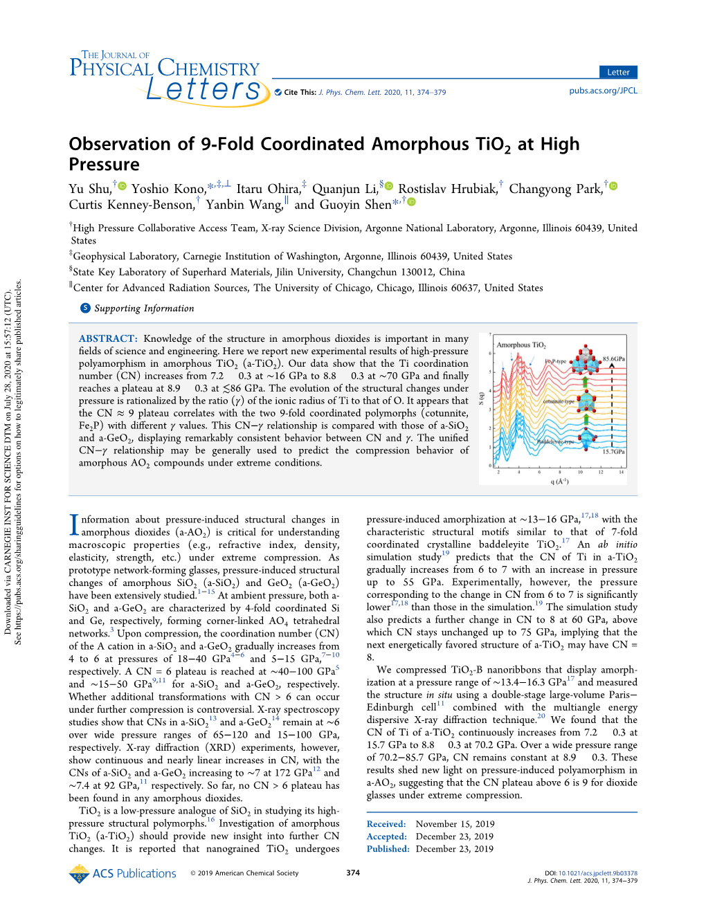 Observation of 9‑Fold Coordinated Amorphous Tio2 at High Pressure