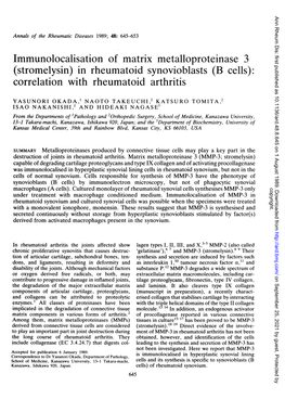 Immunolocalisation of Matrix Metalloproteinase 3 (Stromelysin) in Rheumatoid Synovioblasts (B Cells): Correlation with Rheumatoid Arthritis