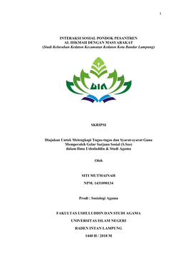 INTERAKSI SOSIAL PONDOK PESANTREN AL HIKMAH DENGAN MASYARAKAT (Studi Kelurahan Kedaton Kecamatan Kedaton Kota Bandar Lampung)