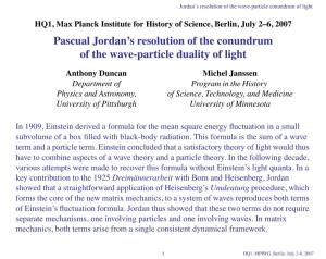 Pascual Jordan's Resolution of the Conundrum of the Wave-Particle