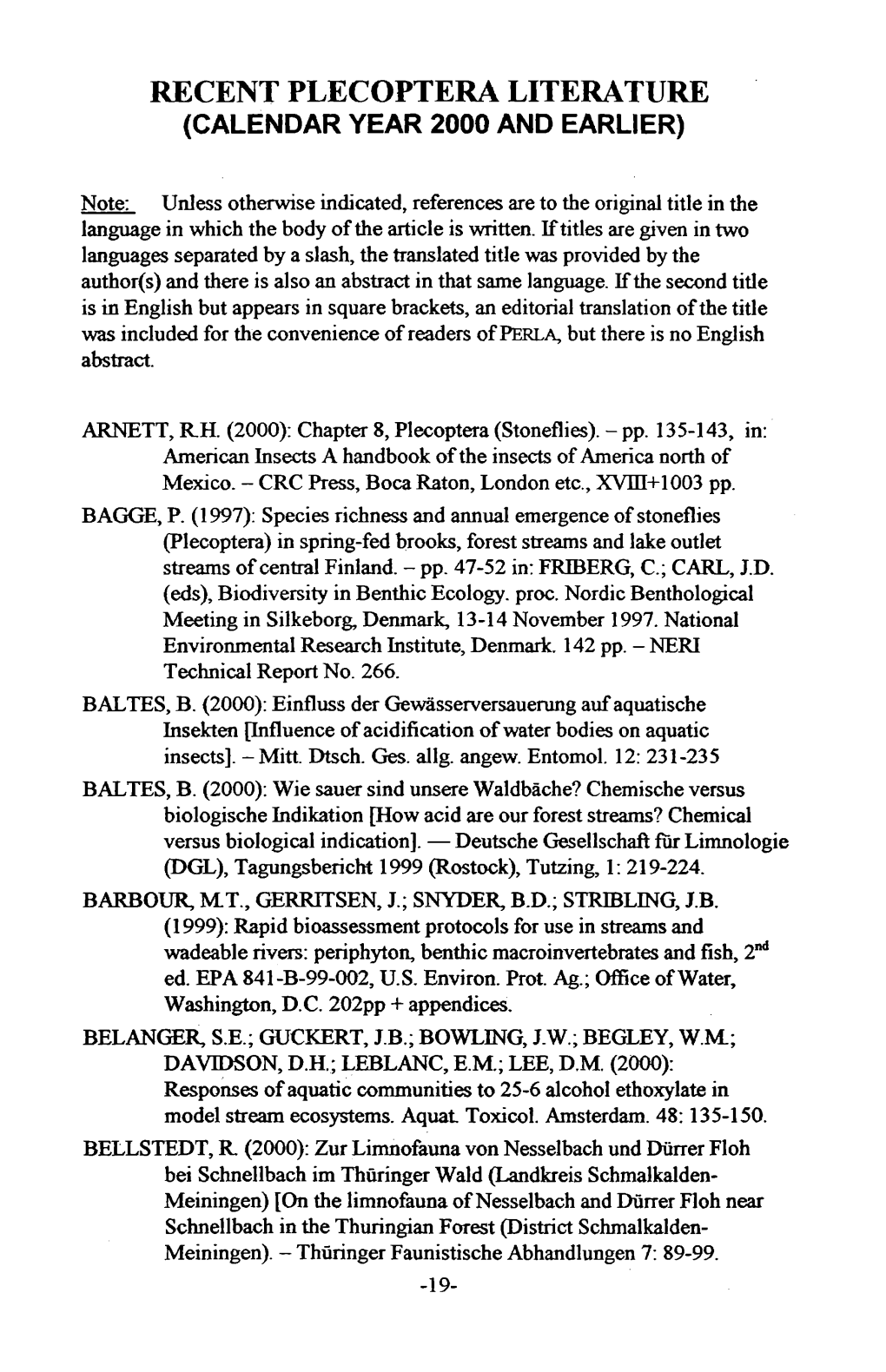 Recent Plecoptera Literature (Calendar Year 2000 and Earlier)