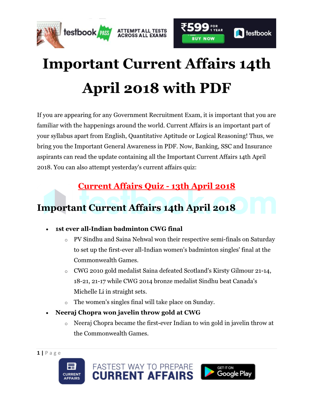 Important Current Affairs 14Th April 2018 with PDF