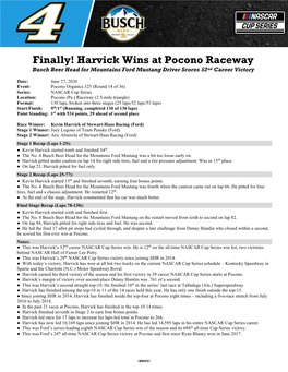 Harvick Wins at Pocono Raceway Busch Beer Head for Mountains Ford Mustang Driver Scores 52Nd Career Victory