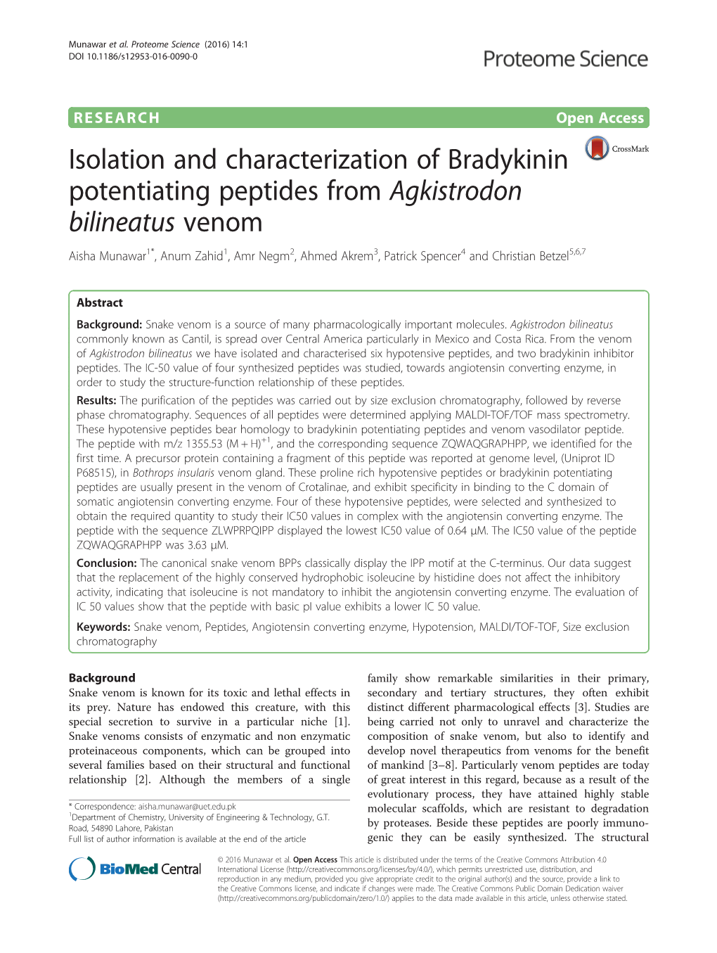 Isolation and Characterization of Bradykinin Potentiating Peptides
