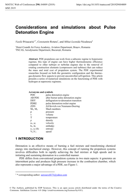 Considerations and Simulations About Pulse Detonation Engine