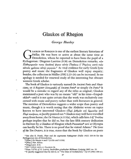 Glaukos of Rhegion Huxley, George Greek, Roman and Byzantine Studies; Spring 1968; 9, 1; Proquest Pg