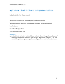 Agricultural Crisis in India and Its Impact on Nutrition