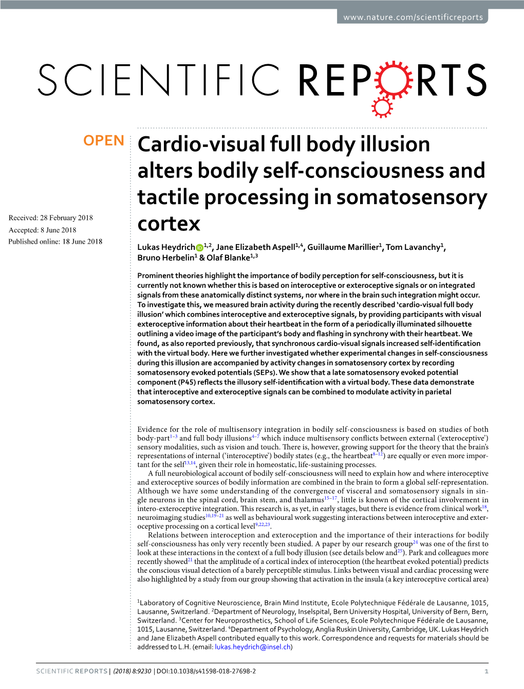 Cardio-Visual Full Body Illusion Alters Bodily Self-Consciousness And