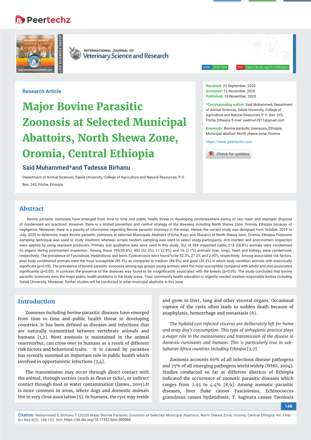 Major Bovine Parasitic Zoonosis at Selected Municipal Abattoirs, North Shewa Zone, Oromia, Central Ethiopia