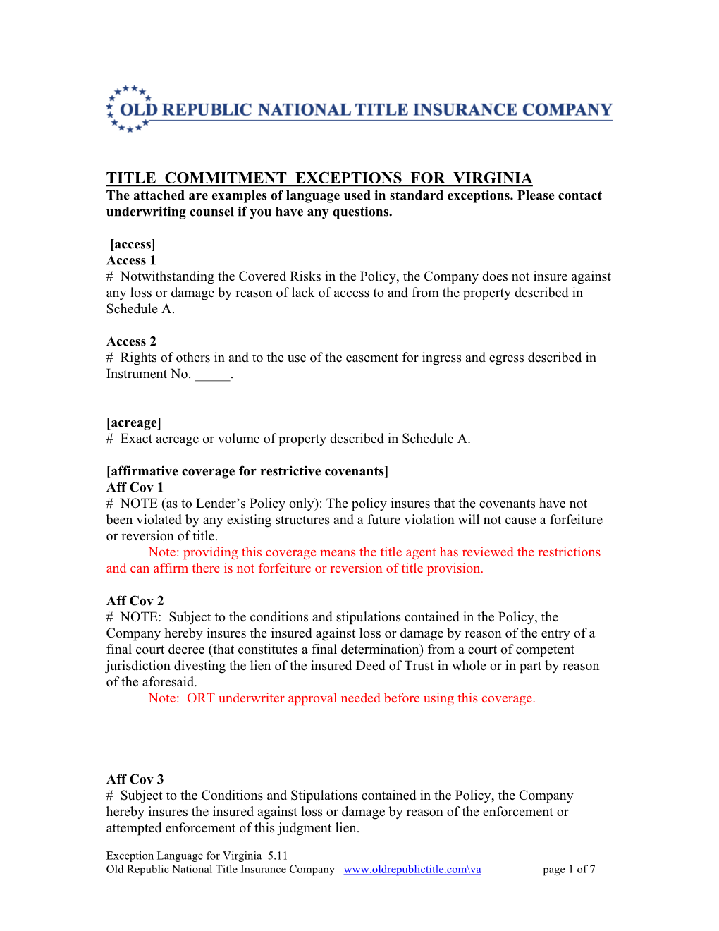 TITLE COMMITMENT EXCEPTIONS for VIRGINIA the Attached Are Examples of Language Used in Standard Exceptions