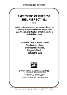 Expression of Interest Bhel Pssr Sct 1962 For