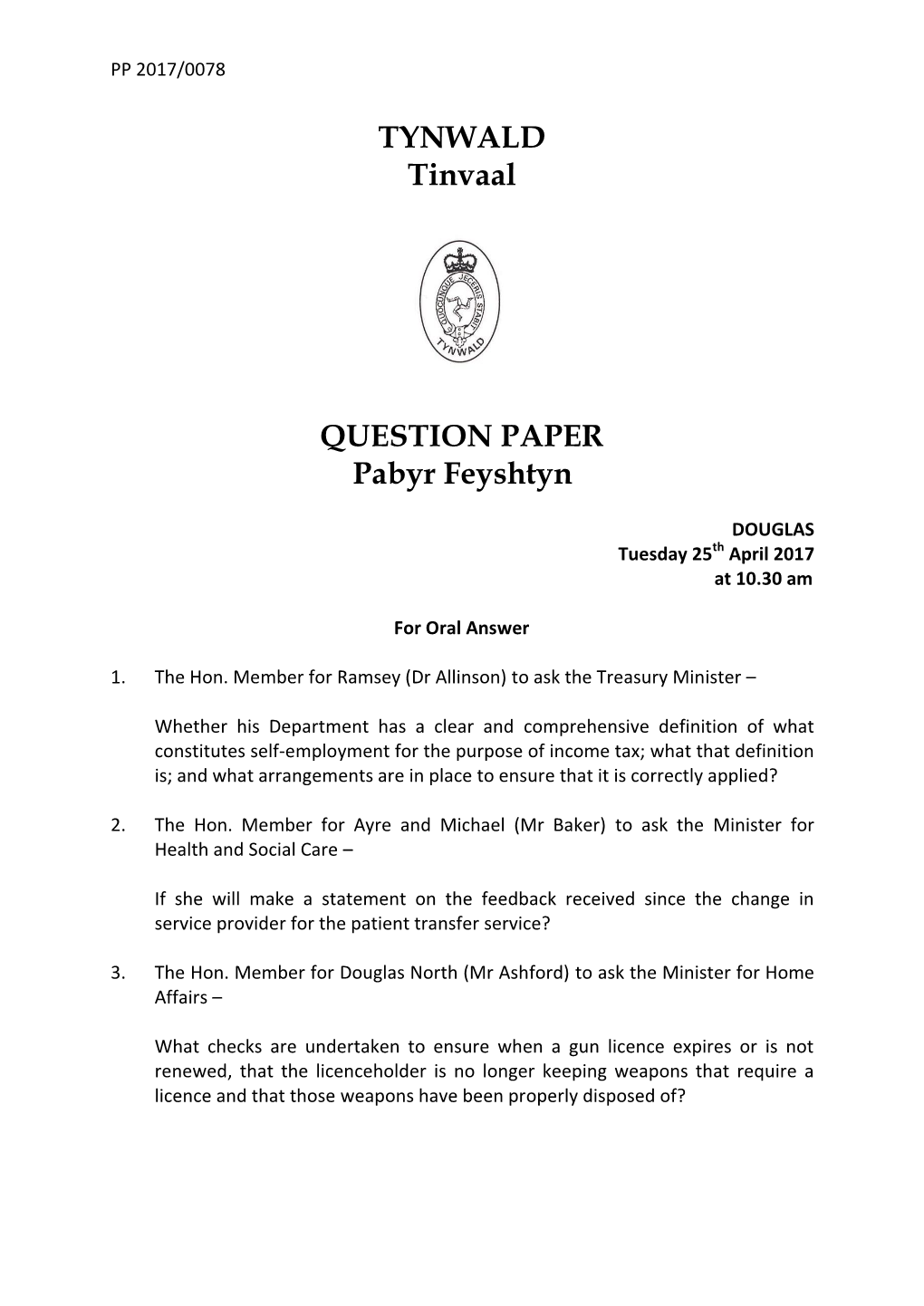 Tynwald Court Question Paper