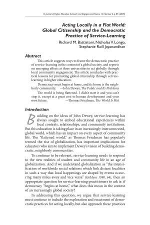 Acting Locally in a Flat World: Global Citizenship and the Democratic Practice of Service-Learning Richard M