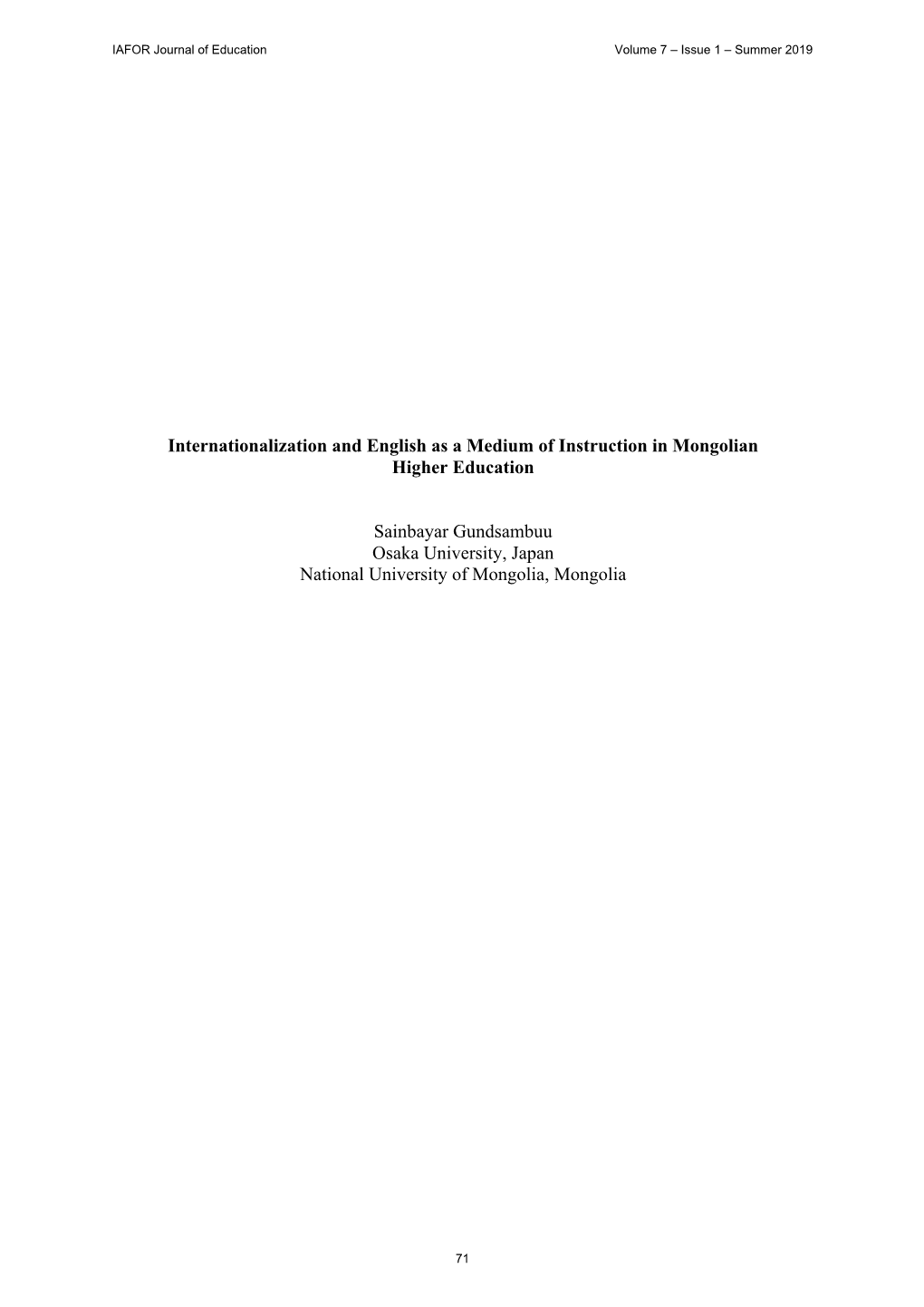Internationalization and English As a Medium of Instruction in Mongolian Higher Education