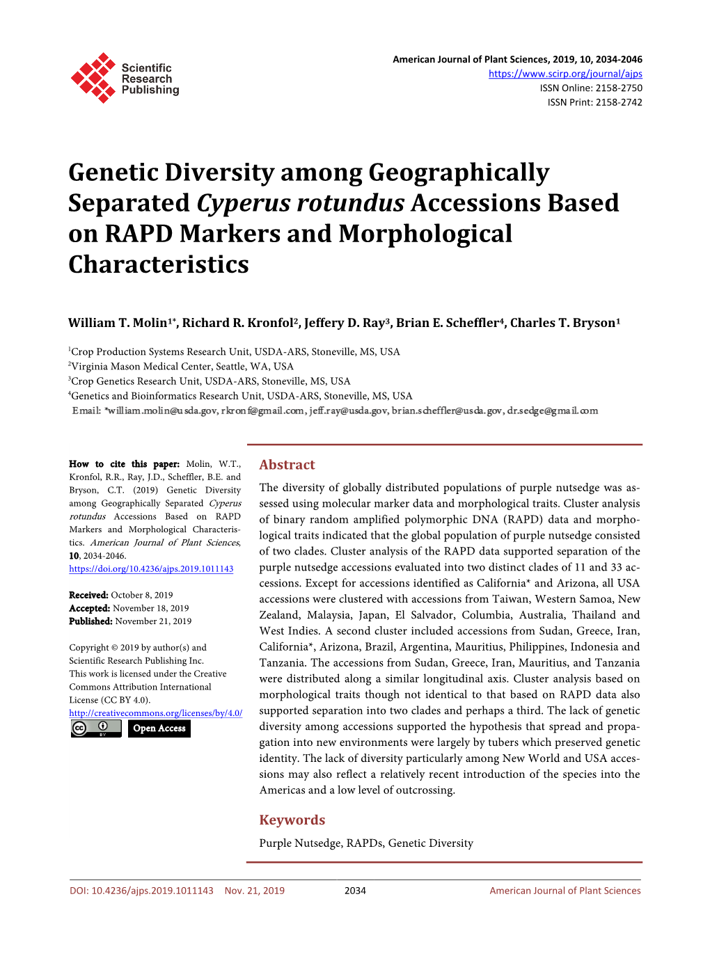 Genetic Diversity Among Geographically Separated Cyperus Rotundus Accessions Based on RAPD Markers and Morphological Characteristics