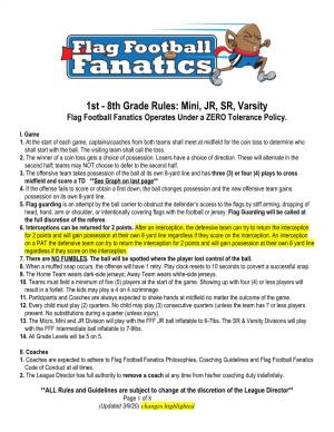 1St - 8Th Grade Rules: Mini, JR, SR, Varsity Flag Football Fanatics Operates Under a ZERO Tolerance Policy