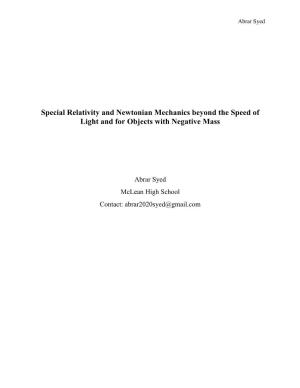Special Relativity and Newtonian Mechanics Beyond the Speed of Light and for Objects with Negative Mass