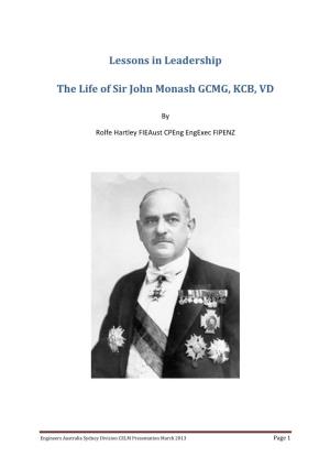 Lessons in Leadership the Life of Sir John Monash GCMG, KCB, VD