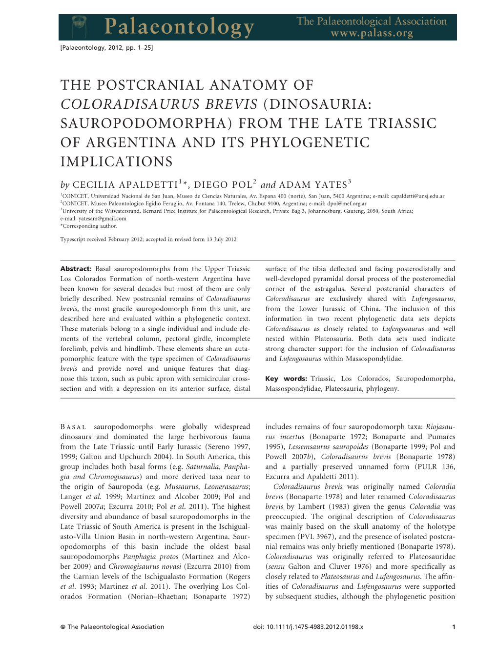 The Postcranial Anatomy of Coloradisaurus Brevis (Dinosauria