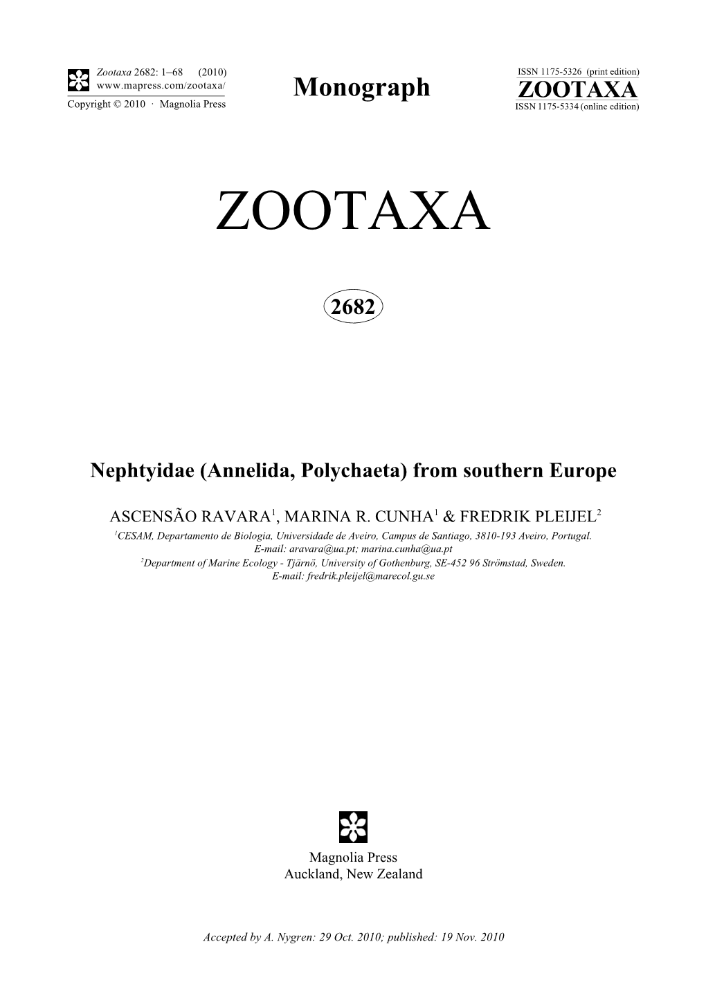 Nephtyidae (Annelida, Polychaeta) from Southern Europe
