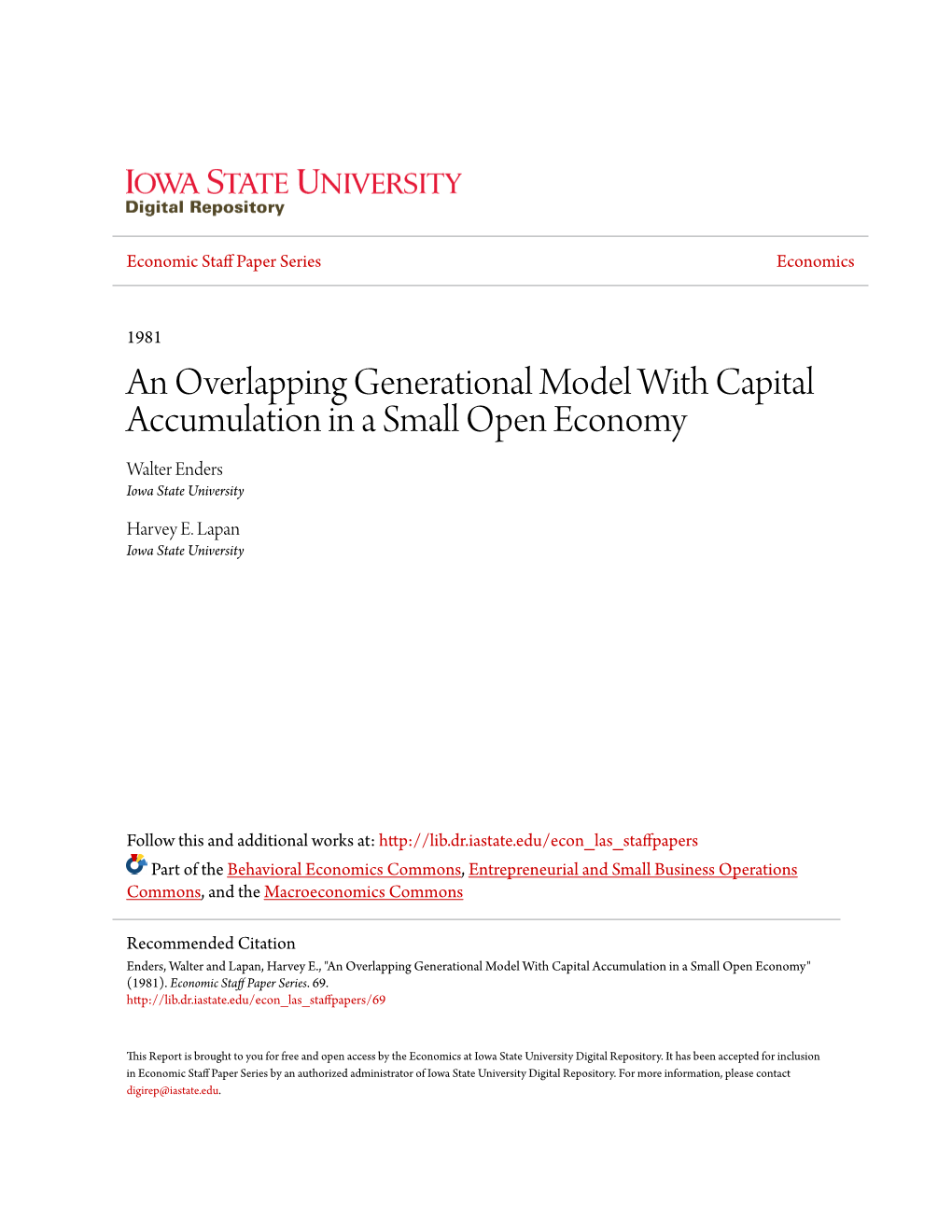 An Overlapping Generational Model with Capital Accumulation in a Small Open Economy Walter Enders Iowa State University
