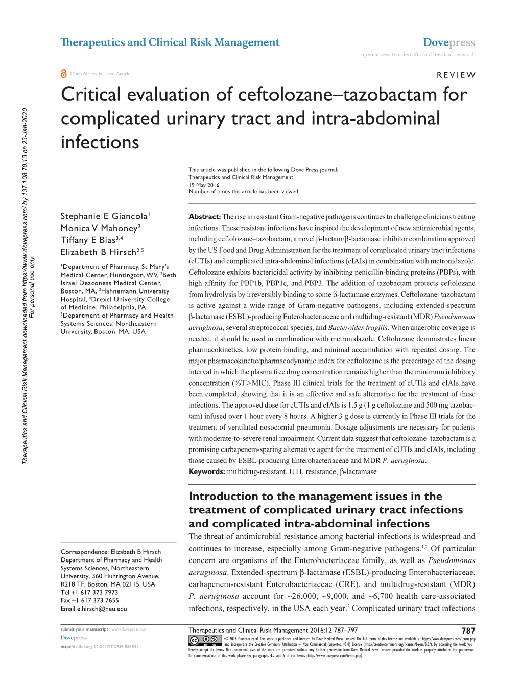 Critical Evaluation of Ceftolozane–Tazobactam for Complicated Urinary Tract and Intra-Abdominal Infections