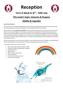 Reception Term 6 Week 6: 6Th – 10Th July This Week’S Topic: Unicorns & Dragons (Myths & Legends)