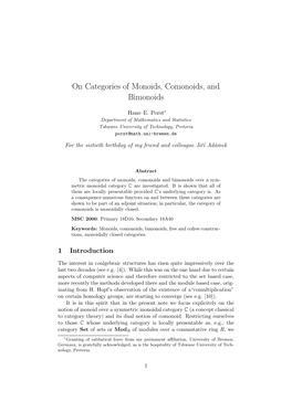 On Categories of Monoids, Comonoids, and Bimonoids
