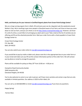Hello, and Thank You for Your Interest in Certified Organic Plants from Crown Point Ecology Center!
