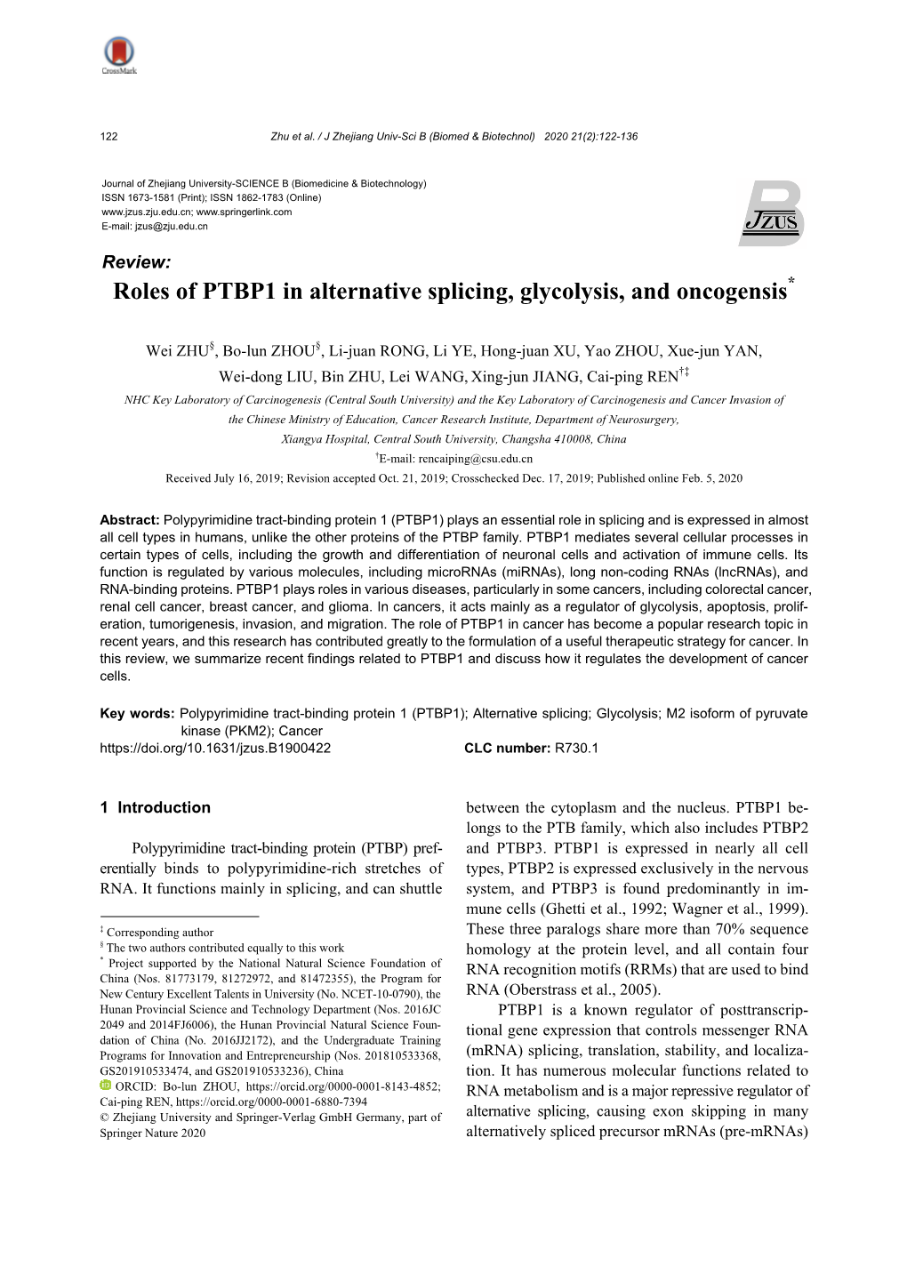 Roles of PTBP1 in Alternative Splicing, Glycolysis, and Oncogensis*