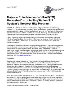 Majesco Entertainment's 'JAWS(TM) Unleashed' to Join Playstation(R)2 System's Greatest Hits Program