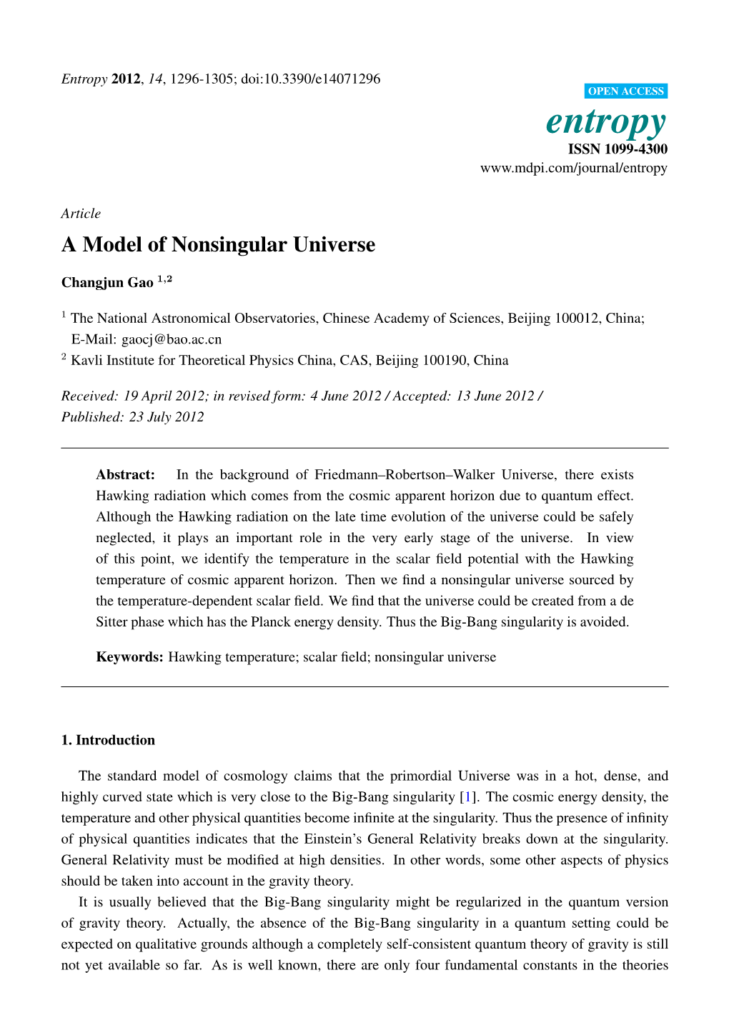 A Model of Nonsingular Universe