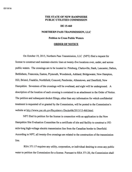 THE STATE of NEW HAMPSHIRE PUBLIC UTILITIES COMMISSION DE 15-460 NORTHERN PASS TRANSMISSION, LLC Petition to Cross Public Waters