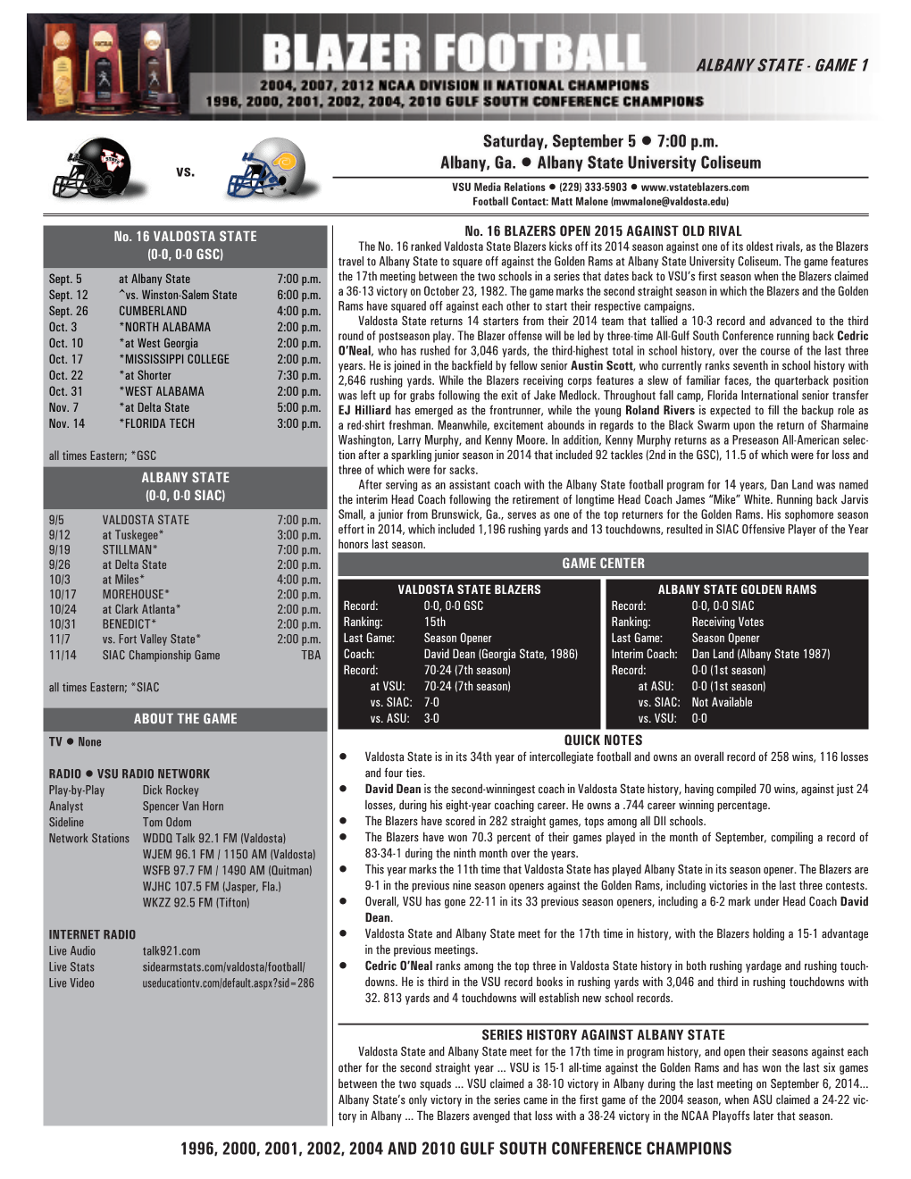 1996, 2000, 2001, 2002, 2004 and 2010 GULF SOUTH CONFERENCE CHAMPIONS OPENING GAME HISTORY the Blazer-Golden Ram Comparison ALL-TIME HIGHS & Lows VS