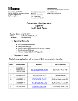 Committee of Adjustment North York, Hearing Agenda, June 17, 2021
