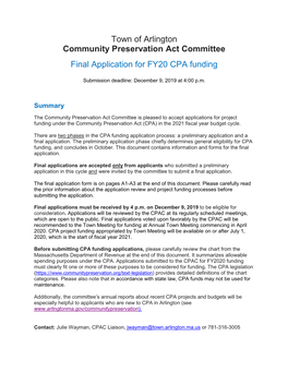 Town of Arlington Community Preservation Act Committee Final Application for FY20 CPA Funding