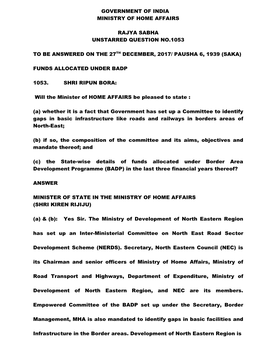 Government of India Ministry of Home Affairs Rajya Sabha